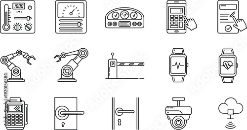 Industrial automation and smart technology line icon set with robot security smartwatch and control systems vector