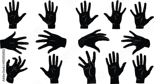 Large Black Hand Silhouette Set Featuring Open Palms Reaching Gestures Human Fingers and Various Poses for Communication Sign Language UI Interface and Graphic Design