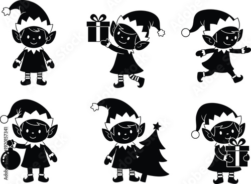 Set of cute Christmas elf silhouette vector icons featuring little holiday helpers with gift boxes, bauble ornaments, and pine trees for festive winter designs.