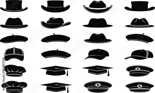 Collection of black silhouette hats including top hat, cowboy hat, beret, baseball cap, graduation mortarboard, chef toque, police cap, and more for vector illustrations, icons