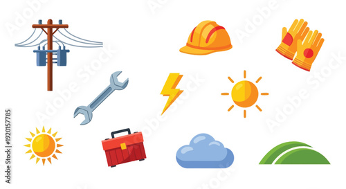 A collection of icons representing electrical work, construction, and outdoor elements like the sun and clouds.