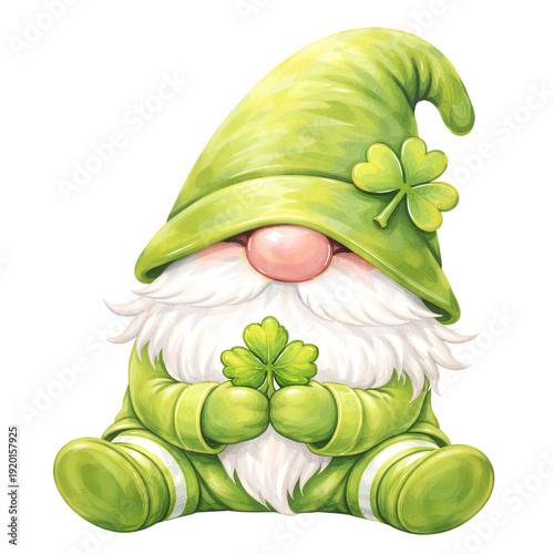 Cute St. Patrick’s Day gnome watercolor illustration in nursery style, featuring a green outfit and floppy hat covering the eyes, holding lucky shamrocks and festive objects. Soft pastel colors