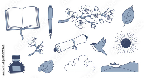 A collection of delicate blue and white illustrations featuring elements of writing, nature, and artistic expression.