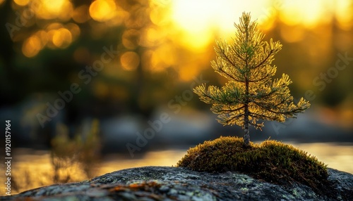 Tiny pine tree on rock at sunset