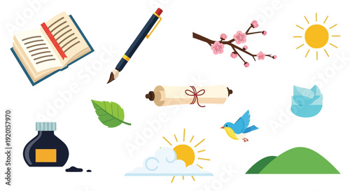 A collection of whimsical illustrations depicting elements of nature, writing, and creativity, including a book, pen, ink, scroll, bird, sun, clouds, mountains, and a cherry blossom branch.