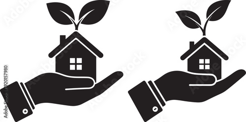 Hand holding a house with green leaves sprouting, signifying real estate, growth, and eco-friendly living