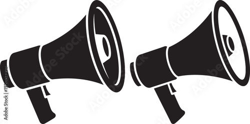 Two black silhouette megaphones pointing in opposite directions, symbolizing announcements and communication