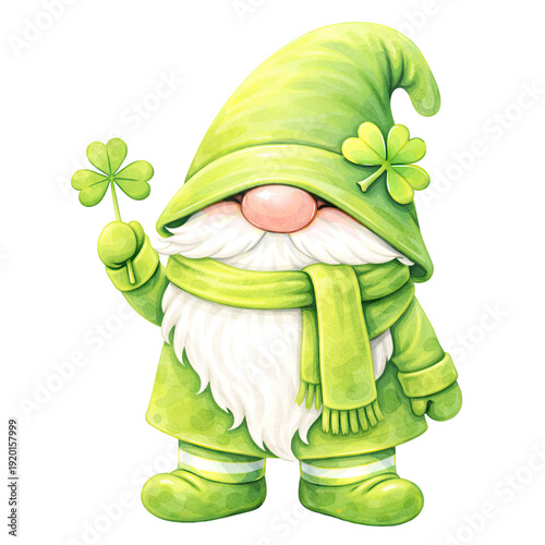 Cute St. Patrick’s Day gnome watercolor illustration in nursery style, featuring a green outfit and floppy hat covering the eyes, holding lucky shamrocks and festive objects. Soft pastel colors