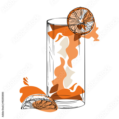 Stylized Long Island, iced tea, juice or lemonade drinks vector glass with orange slices garnish. Hand drawn ink outline, smooth gradients, clean edges. Drink infographics, event layouts, packaging.