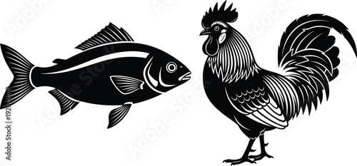 Black vector silhouette of a realistic fish and a rooster facing each other with detailed scales and feathers for farm sea and animal branding