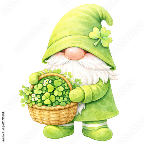 Cute St. Patrick’s Day gnome watercolor illustration in nursery style, featuring a green outfit and floppy hat covering the eyes, holding lucky shamrocks and festive objects. Soft pastel colors