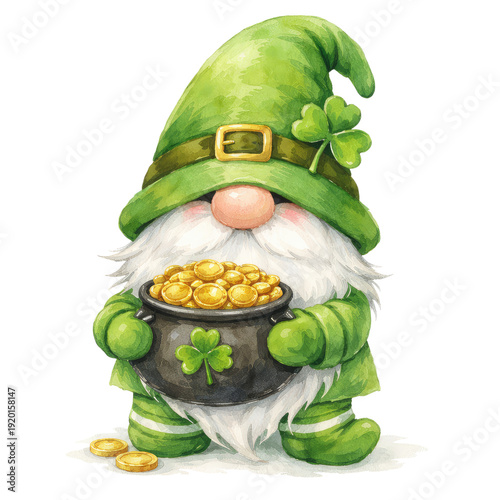 Cute St. Patrick’s Day gnome watercolor illustration in nursery style, featuring a green outfit and floppy hat covering the eyes, holding lucky shamrocks and festive objects. Soft pastel colors