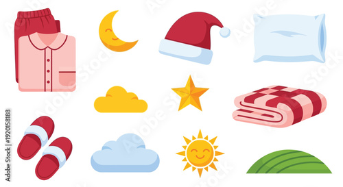 A collection of bedtime and sleep-related items, including pajamas, slippers, a pillow, a blanket, and celestial elements like a moon and stars.