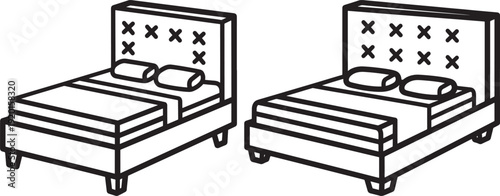 Two simple outline drawings of beds with pillows and headboards, perfect for interior design or hospitality themes