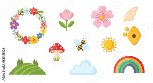 A whimsical collection of spring-themed illustrations including a floral wreath, a bee, a mushroom, a rainbow, and a sunny sky.