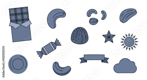 A collection of stylized, flat design icons featuring a chocolate bar, various nuts, a candy, a star, a sun, a cloud, a ribbon, and a circular shape.