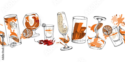Festive vector banner of champagne sparkling wine, whiskey scotch and aperol spritz ink glasses, shots. Hand drawn seamless strip for celebration ribbons, event headers, menu dividers and packaging.