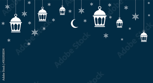 Navy blue Islamic header with white decorative lanterns and moon. Clean night sky aesthetic for Ramadan, Eid Al-Adha, and religious invitations.