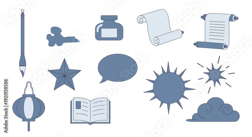 A collection of blue-grey vector illustrations of various objects including a paintbrush, inkwell, scrolls, a star, a speech bubble, a sun, a cloud, a lantern, and an open book.