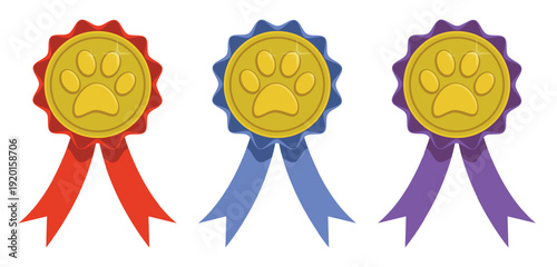 Three Pet Paw Print Award Ribbons on White Background
