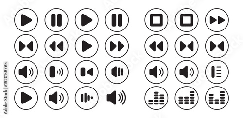 Diverse collection of round outlined media player icons with volume equalizer and playback control symbols