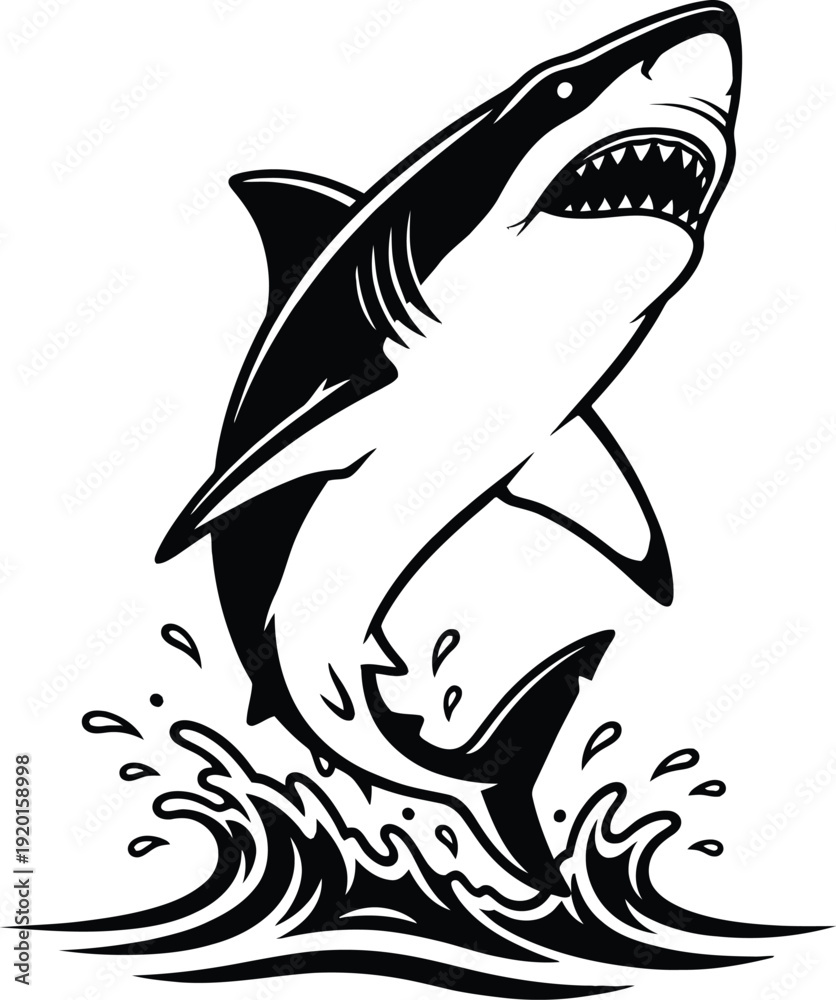 Obraz premium Jumping Shark Silhouette Vector Illustration, Fierce Ocean Predator Black and White Design