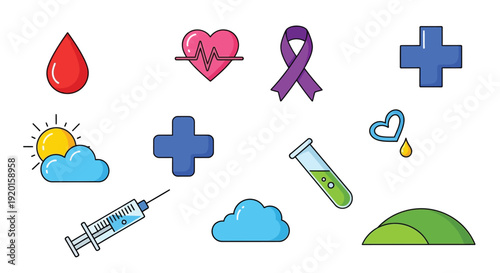 A collection of medical and health-related icons including a blood drop, heart monitor, awareness ribbon, crosses, syringe, test tube, and weather symbols.