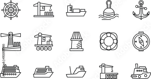 Shipping and maritime transport line icon set with cargo ship anchor port and navigation symbols vector