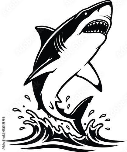 Jumping Shark Silhouette Vector Illustration, Fierce Ocean Predator Black and White Design