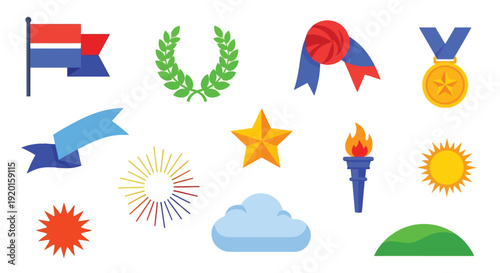 A collection of graphic elements representing achievement, celebration, and nature, including flags, medals, laurels, stars, torches, suns, clouds, and banners.