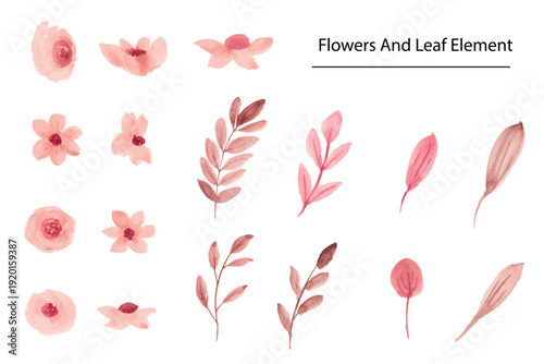 Watercolor flowers and leaves in pink and brown tones
