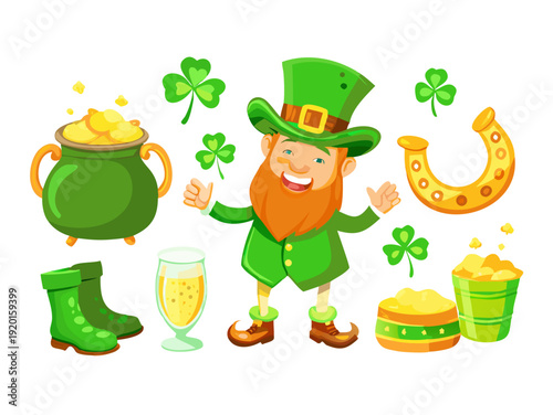 Patrick Day elements. Irish traditional holiday. Funny leprechaun. Cartoon dwarf. Green cylinder. Beer mug. Four leaf clover. Gold coins pot. Prosperity horseshoe. Lucky symbols. Splendid vector set