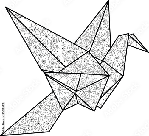 Stylized black and white line art illustration of a traditional Japanese origami paper crane with detailed floral texture patterns inside the folds