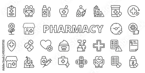 Pharmacy icons illustrate medical symbols and healthcare-related graphics