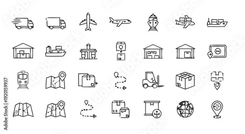 Various transportation and logistics icons are shown in a grid on screen