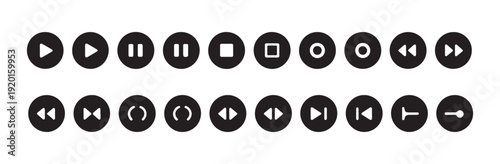 Extensive set of circular black icons for media player functions play pause stop rewind fast forward and more