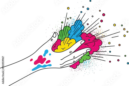 Stylized drawing of an open hand releasing a vibrant explosion of colorful powder symbolizing creativity energy and festival celebration