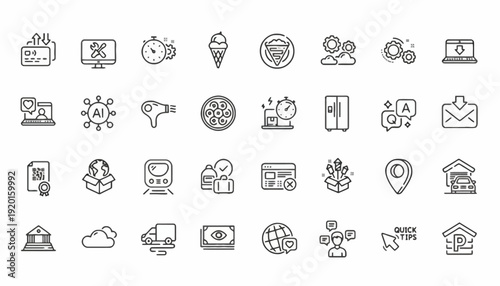 Collection of various business and technology icons on a white background