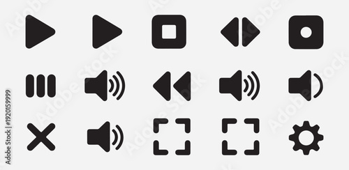Minimalist multimedia player interface icon set with black playback control buttons isolated on light background