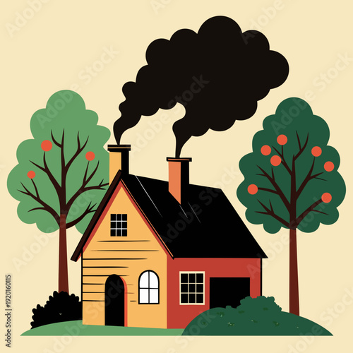 A house with smoke coming out of the chimney and trees with fruits