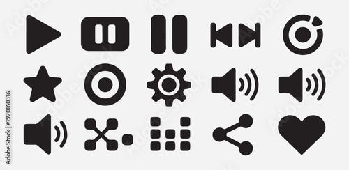 Modern multimedia interface button collection featuring playback controls volume levels and social media icons