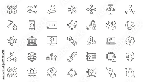 A collection of various technology and science icons are shown in a grid on a white background.