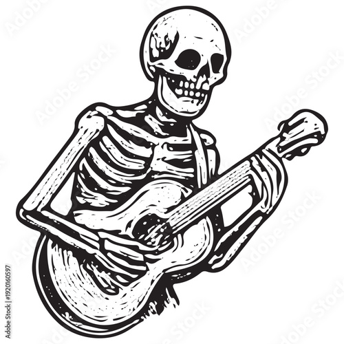 Day of the Dead Skeleton Guitar Player Dia de los Muertos Music Engraved Illustration