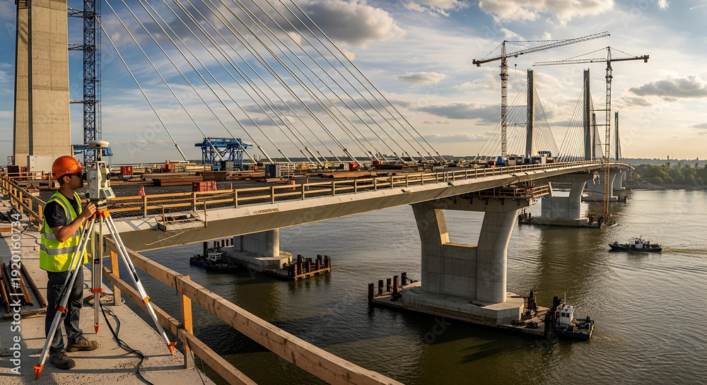 Obraz premium Construction of a modern cable-stayed bridge over a wide river, with workers using surveying equipment in the foreground
