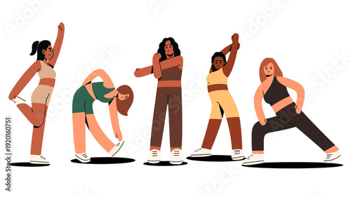 Flat vector illustration of diverse women stretching and warming up before exercise. Suitable for sports apps, gym promotions, wellness blogs, fitness programs, and health campaign materials.