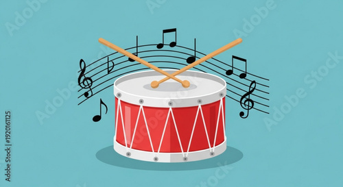 Red drum with white trim and crossed drumsticks surrounded by musical notes on turquoise background