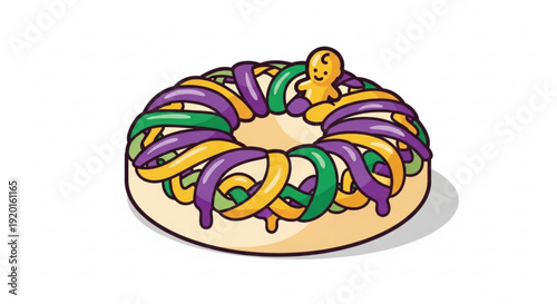 Colorful mardi gras king cake donut with purple green and yellow icing and small plastic baby on top isolated on white background
