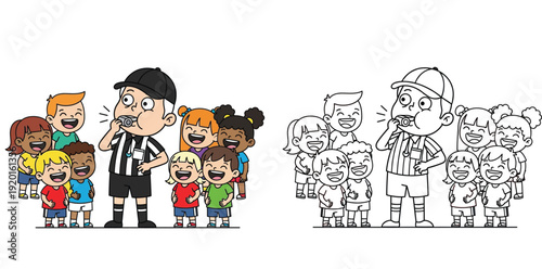 Sports referee blowing whistle with diverse happy kids coloring page vector