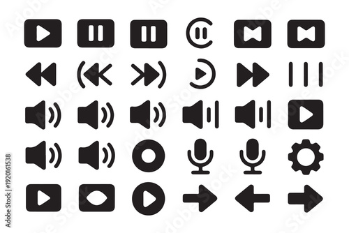 Modern black icons for media control and playback, suitable for digital interfaces and applications