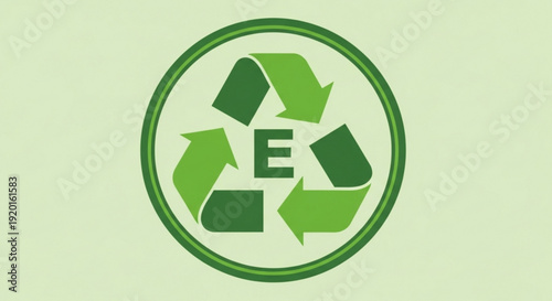 Eco friendly recycling symbol with green arrows and letter e on pale background representing environmental conservation and sustainability